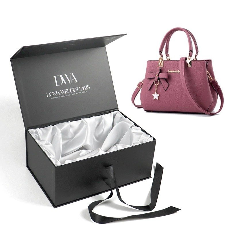 Premium Rigid Cardboard Magnet Handbag Packaging Box with Satin Lining | Crown Win Manufacturer