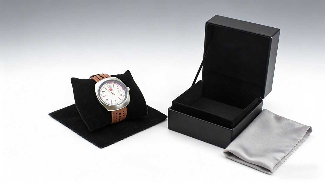Custom silver hot-stamped logo flip-top watch packaging gift box - Crown Win Box Manufacturer, eco-friendly watch gift box with custom insert, luxury silver hot-stamped logo watch packaging suitable for boutiques and corporate gifts