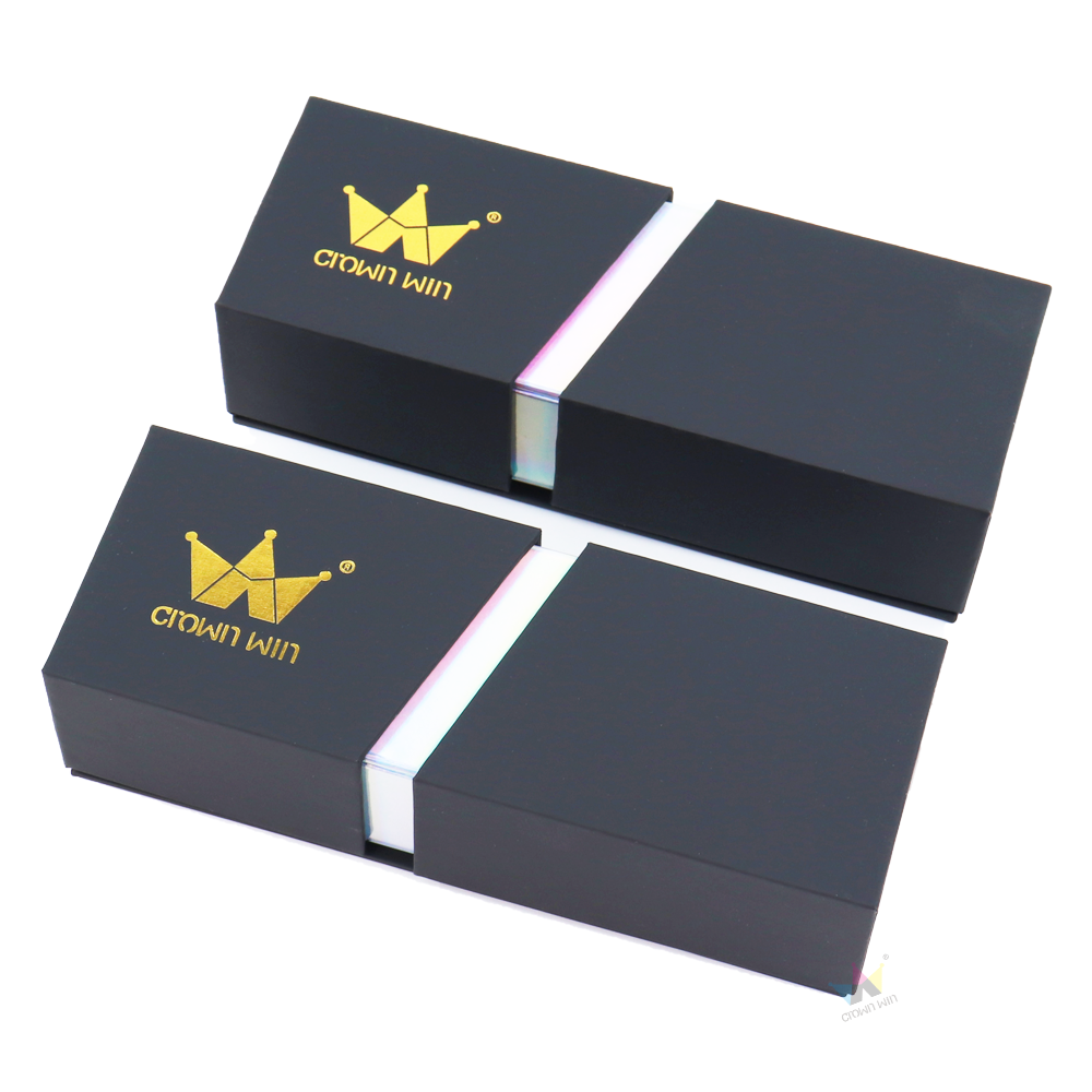 Premium black cardboard gift box with holographic inner tray, suitable for high-end product packaging