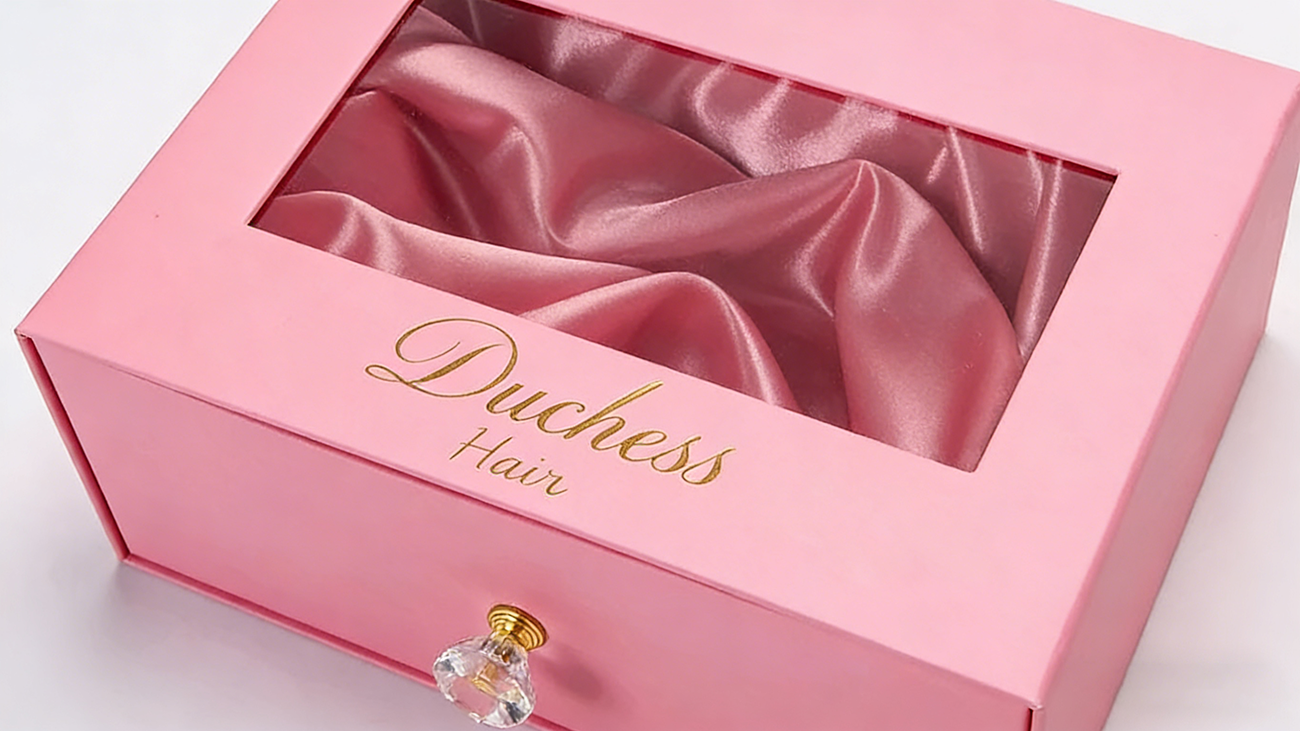Crown Win enhances your wig brand image with custom hot stamping drawer style packaging boxes
