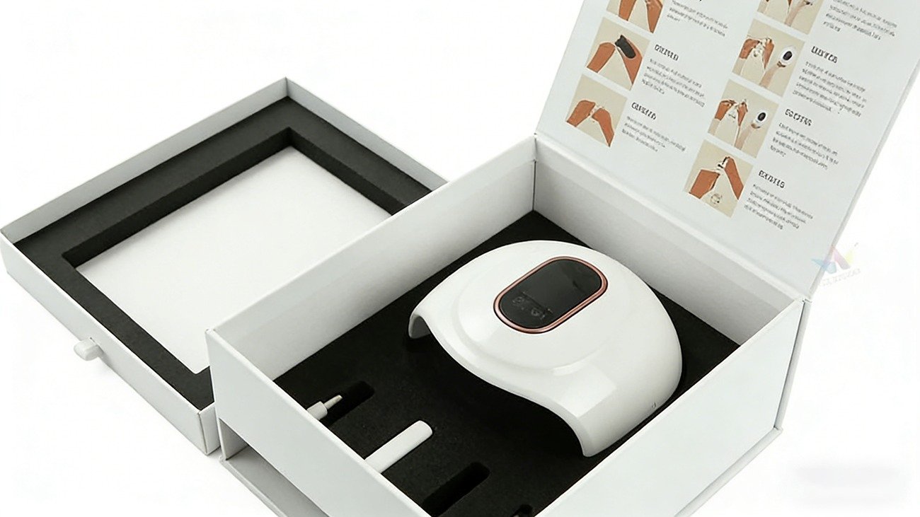 Customized printing nail lamp packaging box, embossed and matte coated film