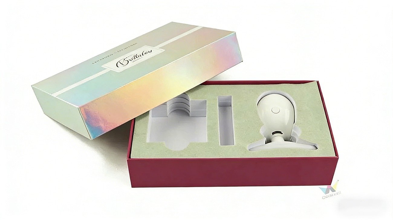 Crown Win custom cardboard top and bottom box, specifically designed for facial massagers, adorned with hot stamping technology