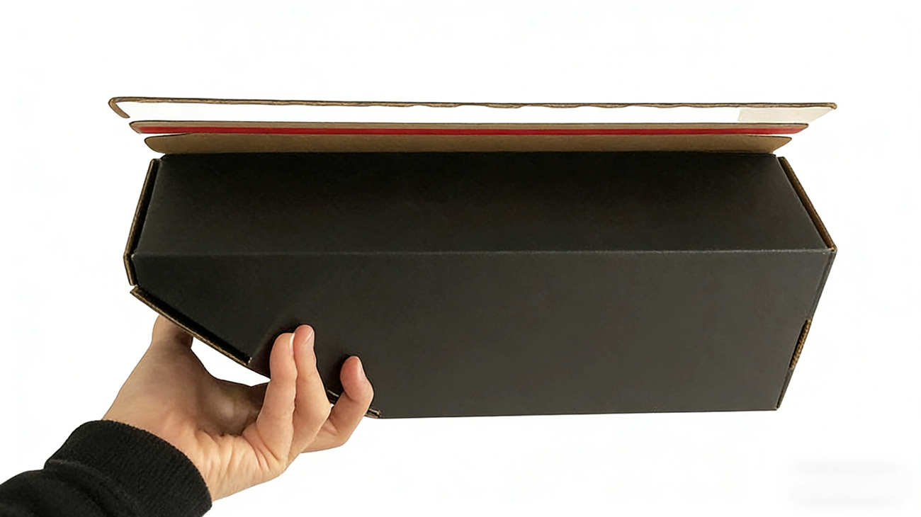 Matte black hard gift box, decorated with a brand logo hot-stamped in rose gold.