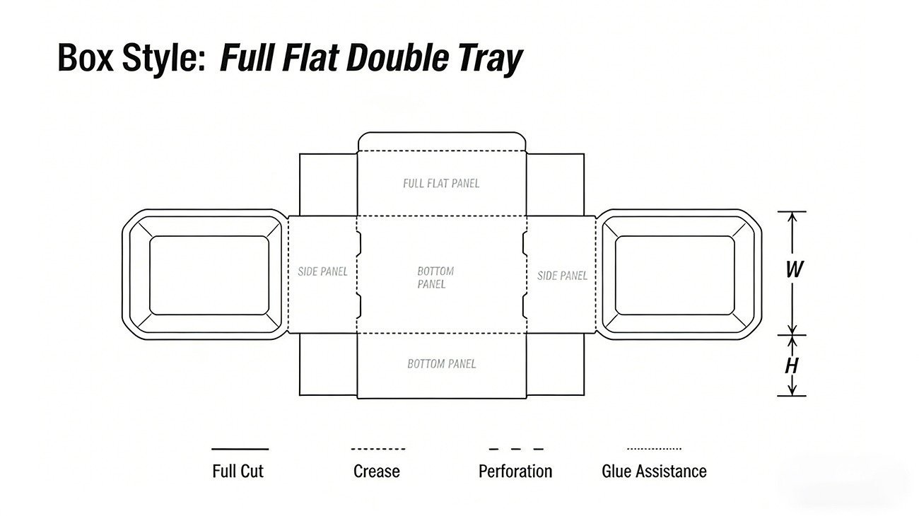 The die-cutting structure diagram of the double socket box provided by Crown Win Box Manufacturer is marked with the names of each component (tongue, dust ear, locking buckle)