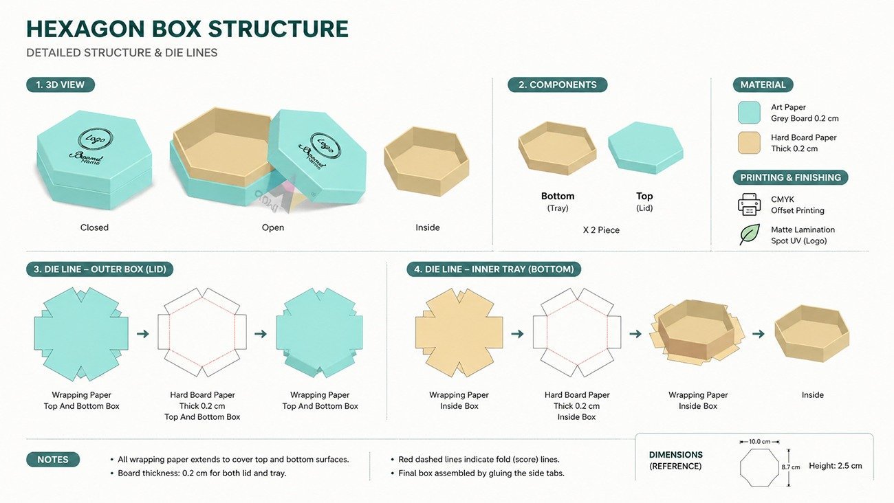Hexagonal rigid hard box structural design diagram, two-piece custom packaging with hardboard core