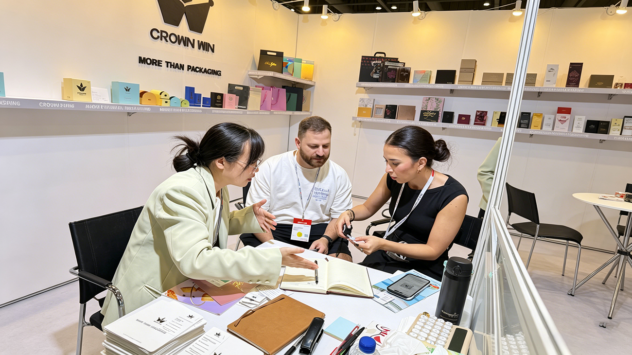 Crown Win Packaging Team Negotiating with Global Buyers at 2026 Hong Kong Printing Expo