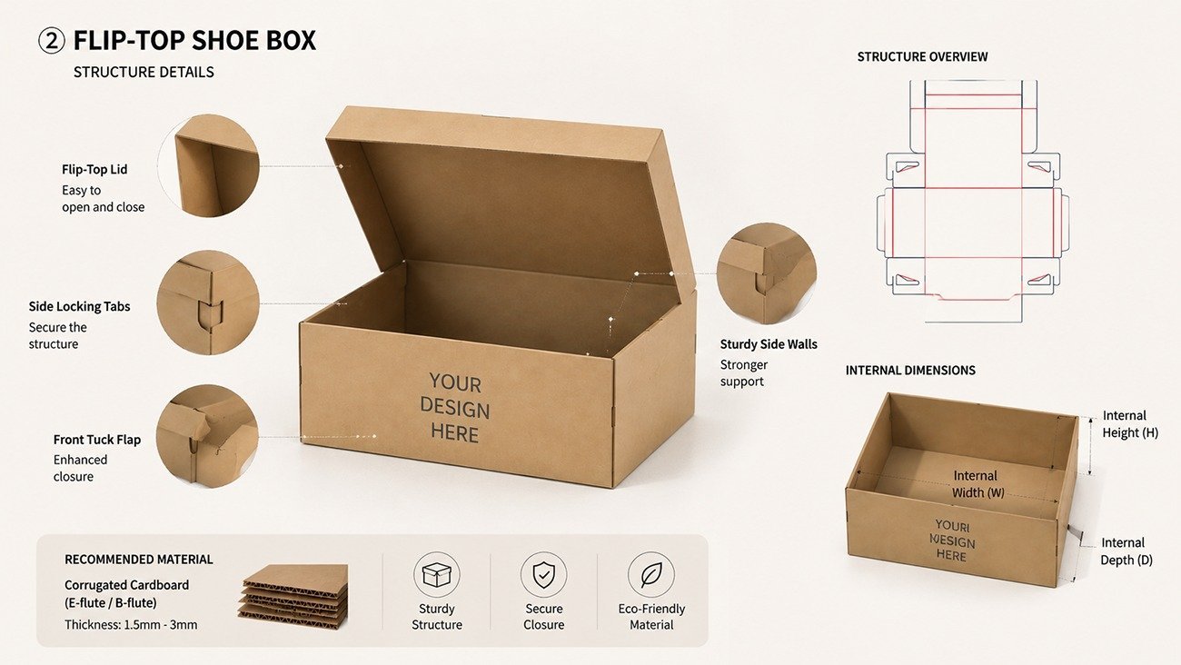 Flip style shoe box die cutting template (knife mold/dieline) for paper packaging manufacturing | Crown Win