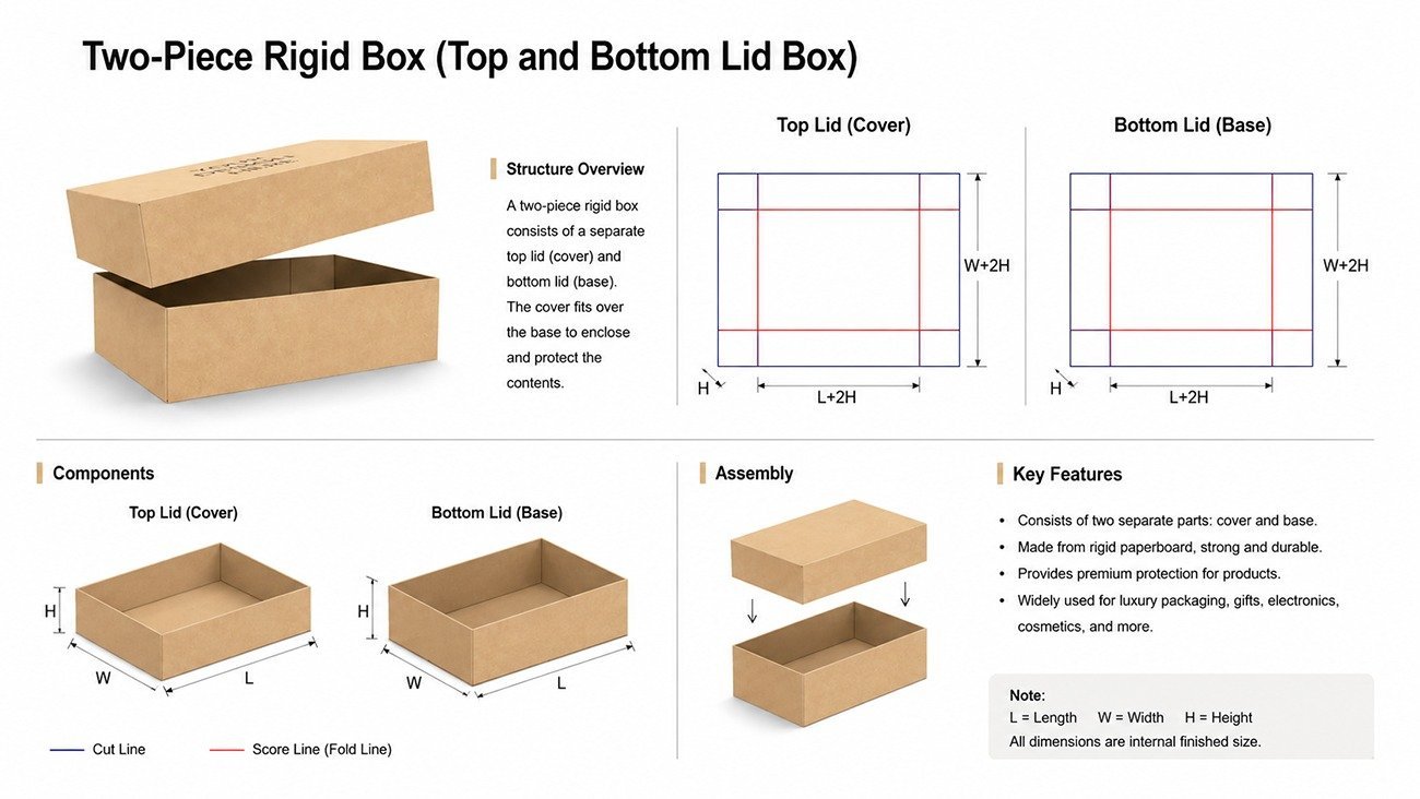Two-piece hard box (rigid box) structural diagram and die-cut template - Crown Win Packaging Manufacturer