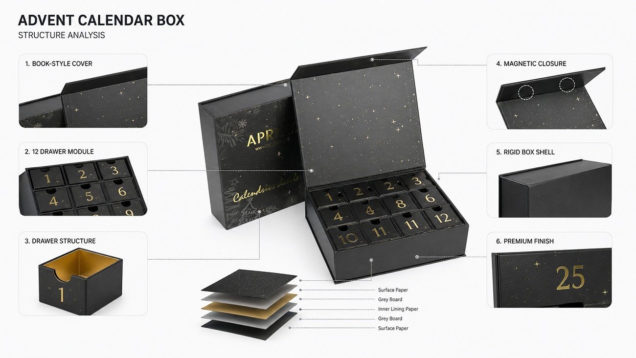 Custom hot stamping logo advent calendar gift box by Crown Win manufacturer