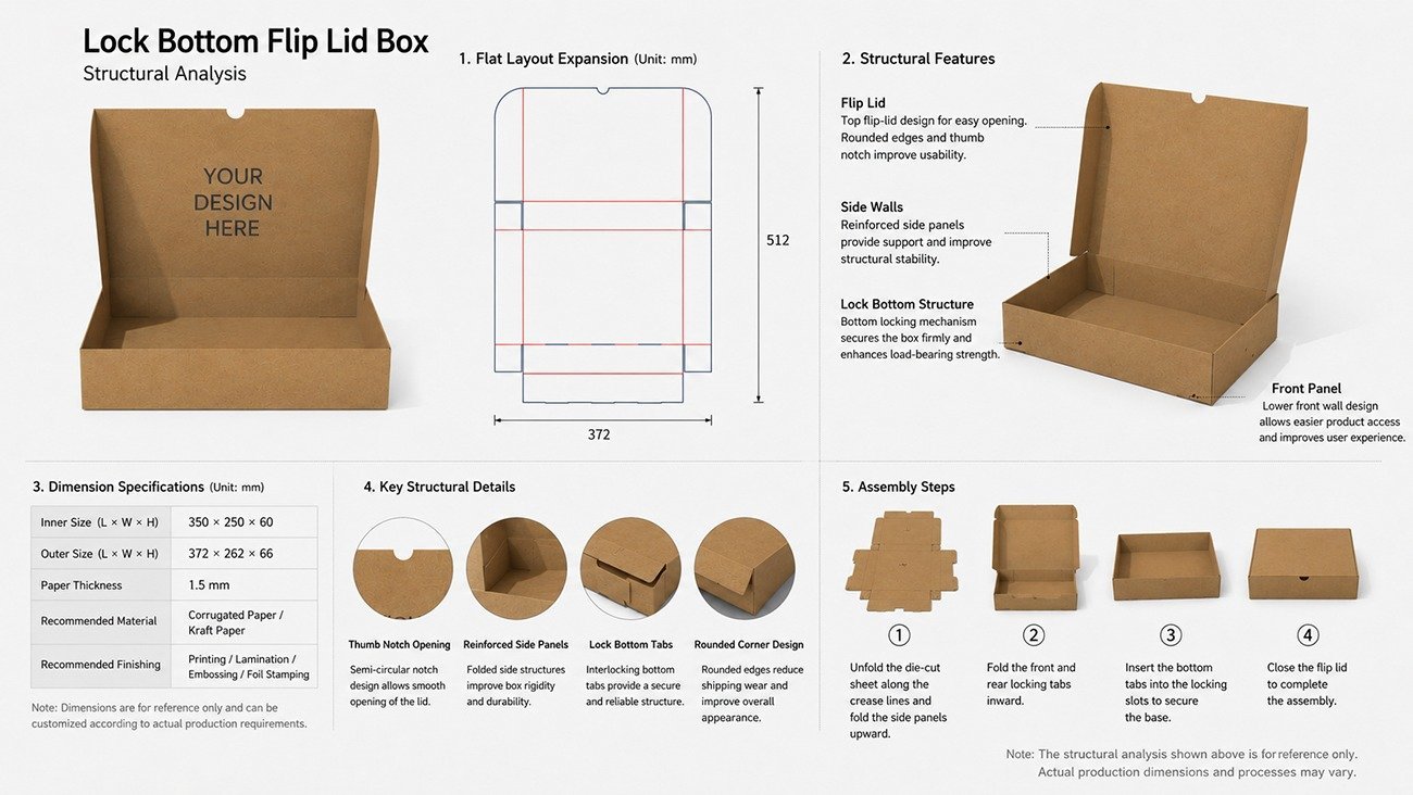 Lock bottom flip box die-cutting template with labeled structural components