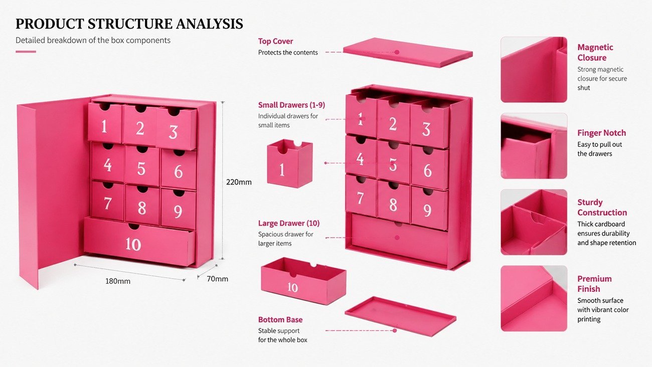 Crown Win OEM custom pink surprise calendar cosmetics packaging gift box with 24 drawers