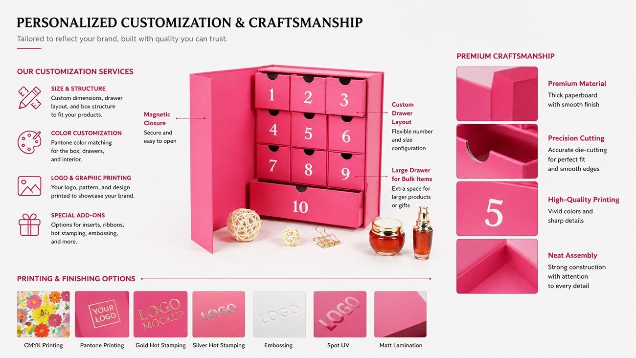 High-end pink drawer-style cosmetics countdown calendar for Christmas promotions