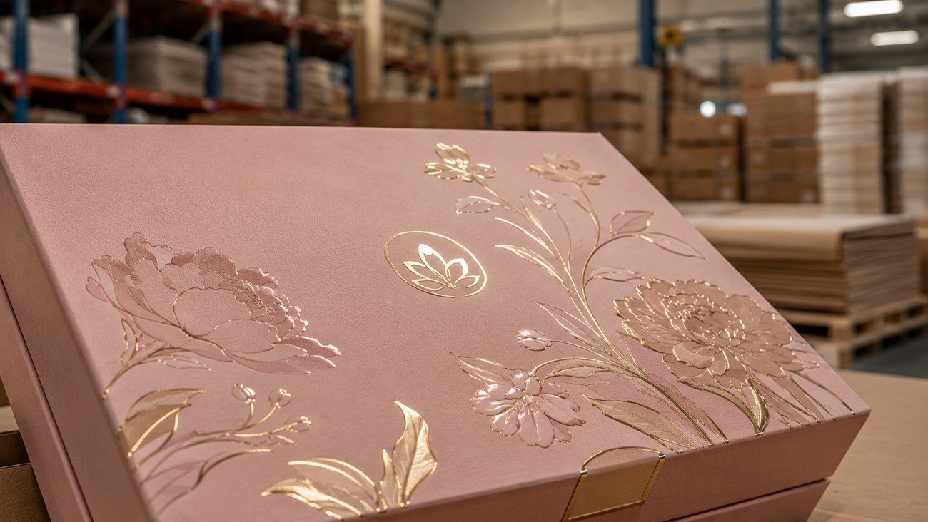 A close-up of exquisite high-end hot stamping and partial UV polishing techniques on luxury cosmetics gift boxes in a paper packaging factory warehouse.