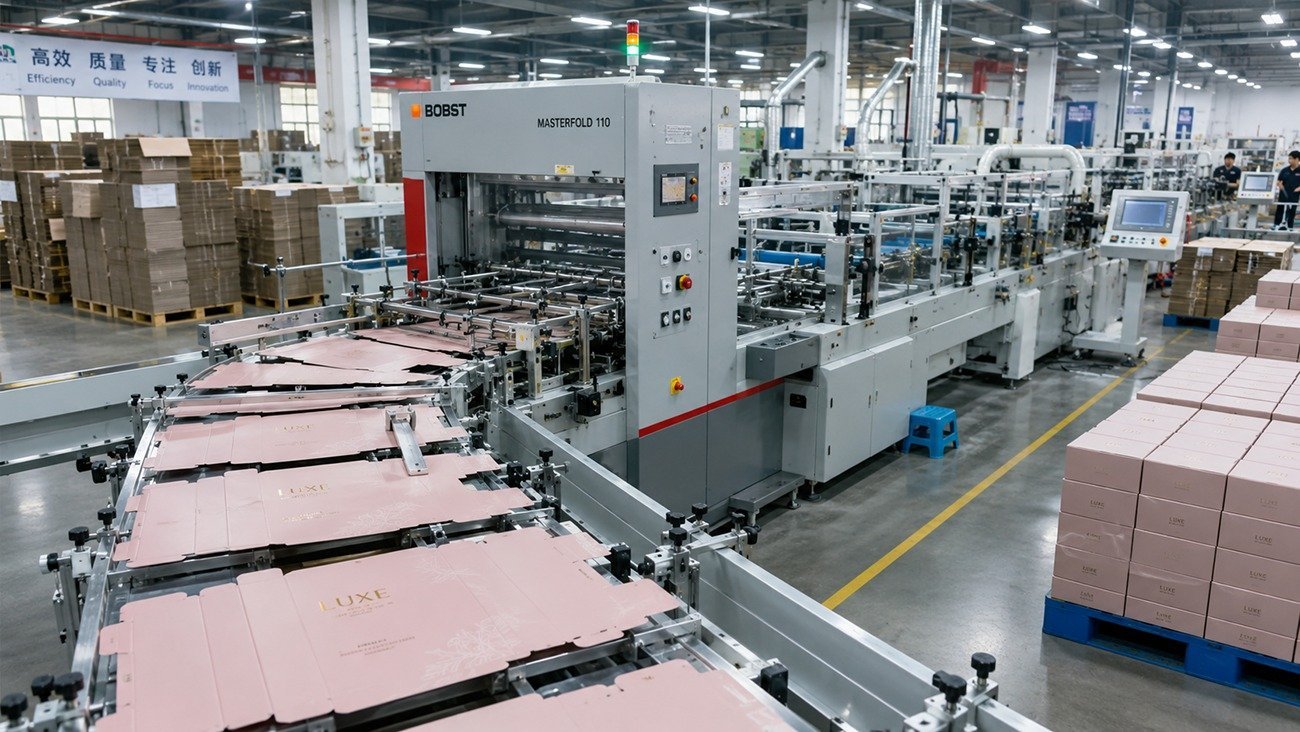 An automated die-cutting and high-speed box pasting production line in a Chinese packaging factory is processing bulk orders for cosmetic packaging.