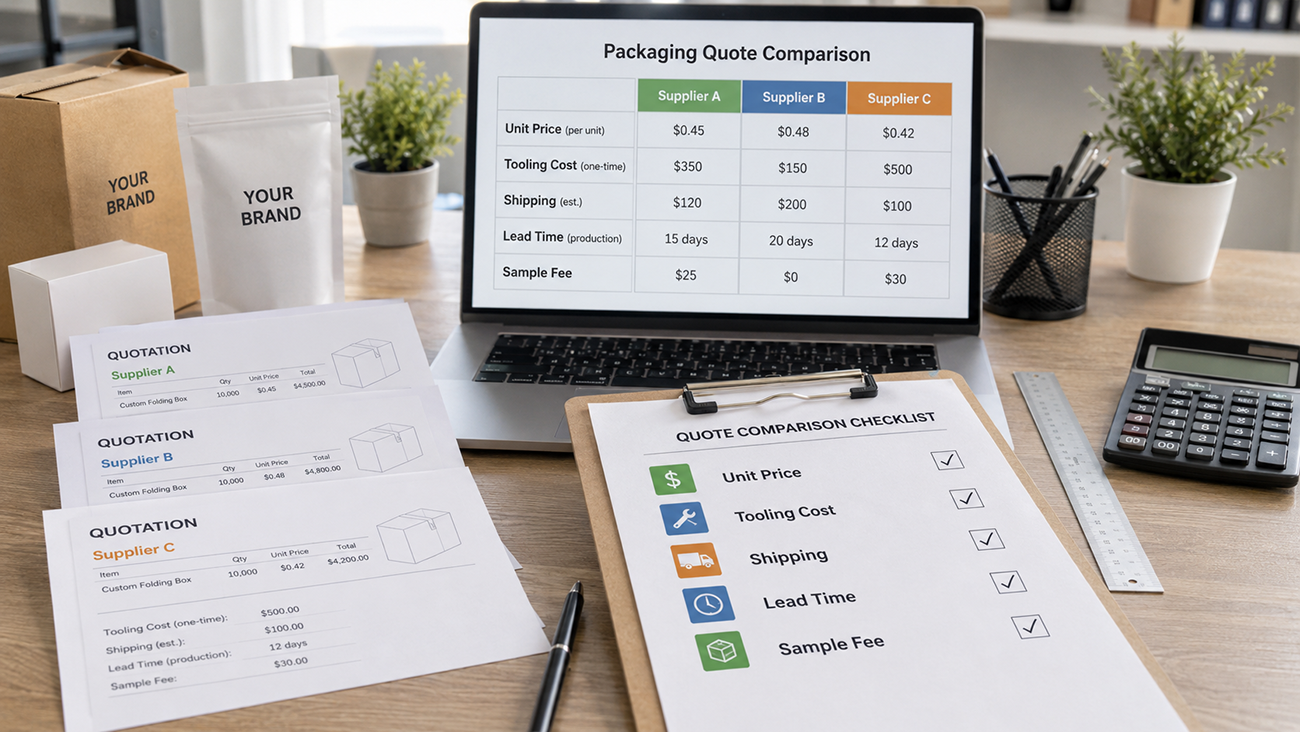 A detailed comparison list of packaging suppliers' quotations shows the total landing cost indicators for customized retail gift boxes.