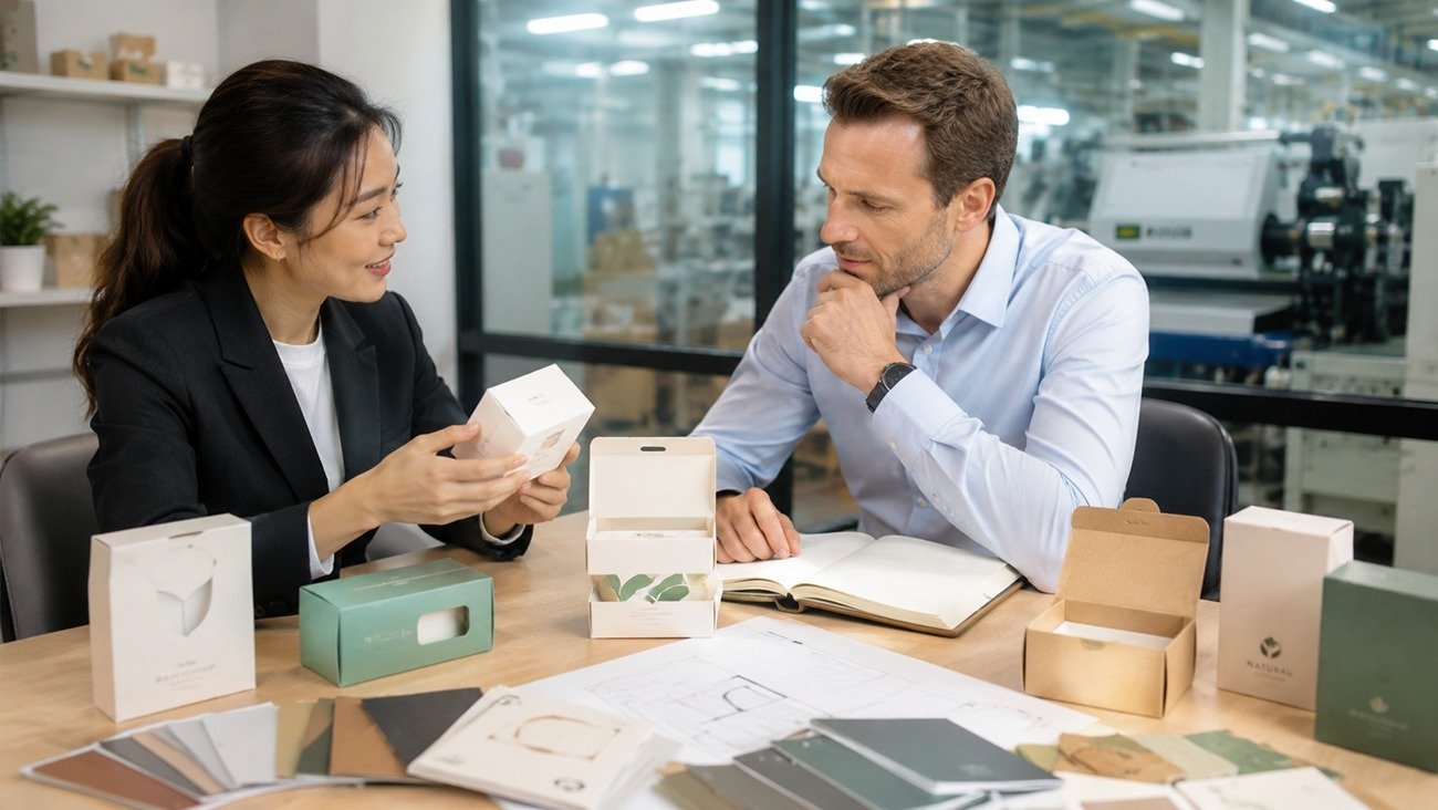 Professional packaging design team reviews trial production order samples