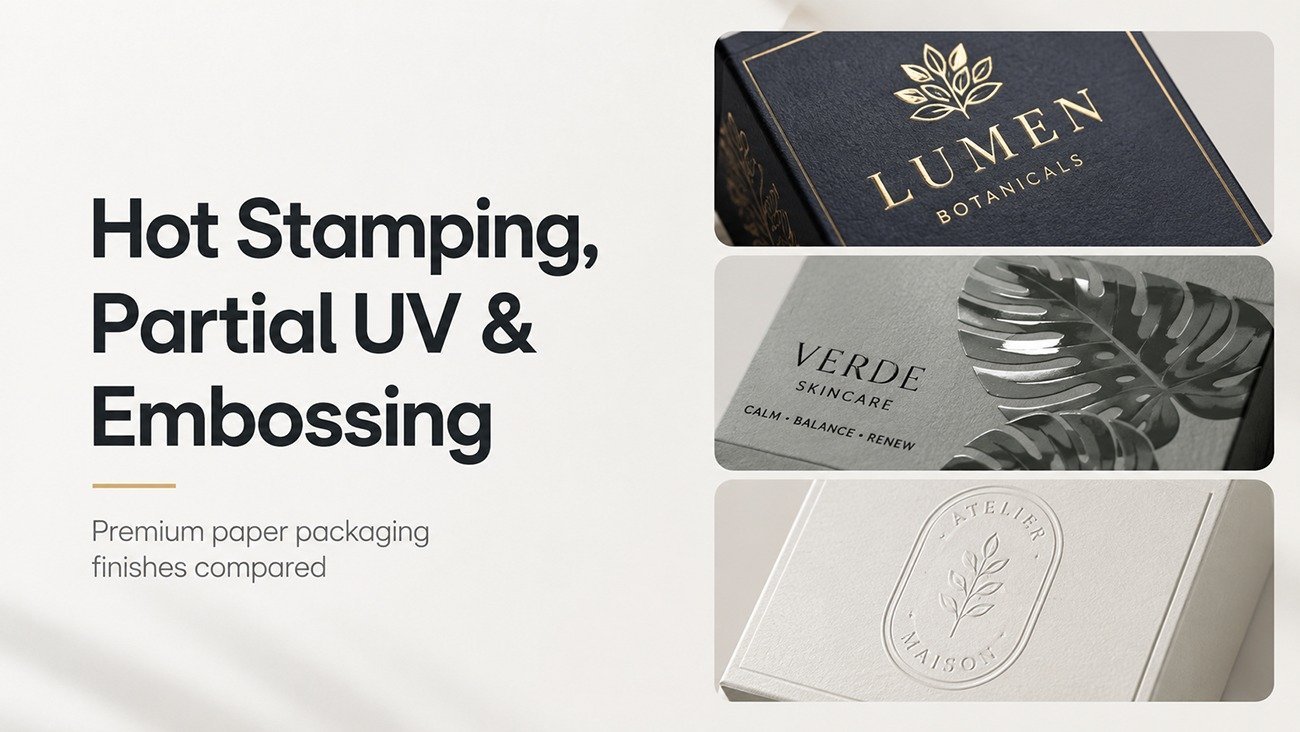 Comparison of hot stamping, partial UV and relief techniques