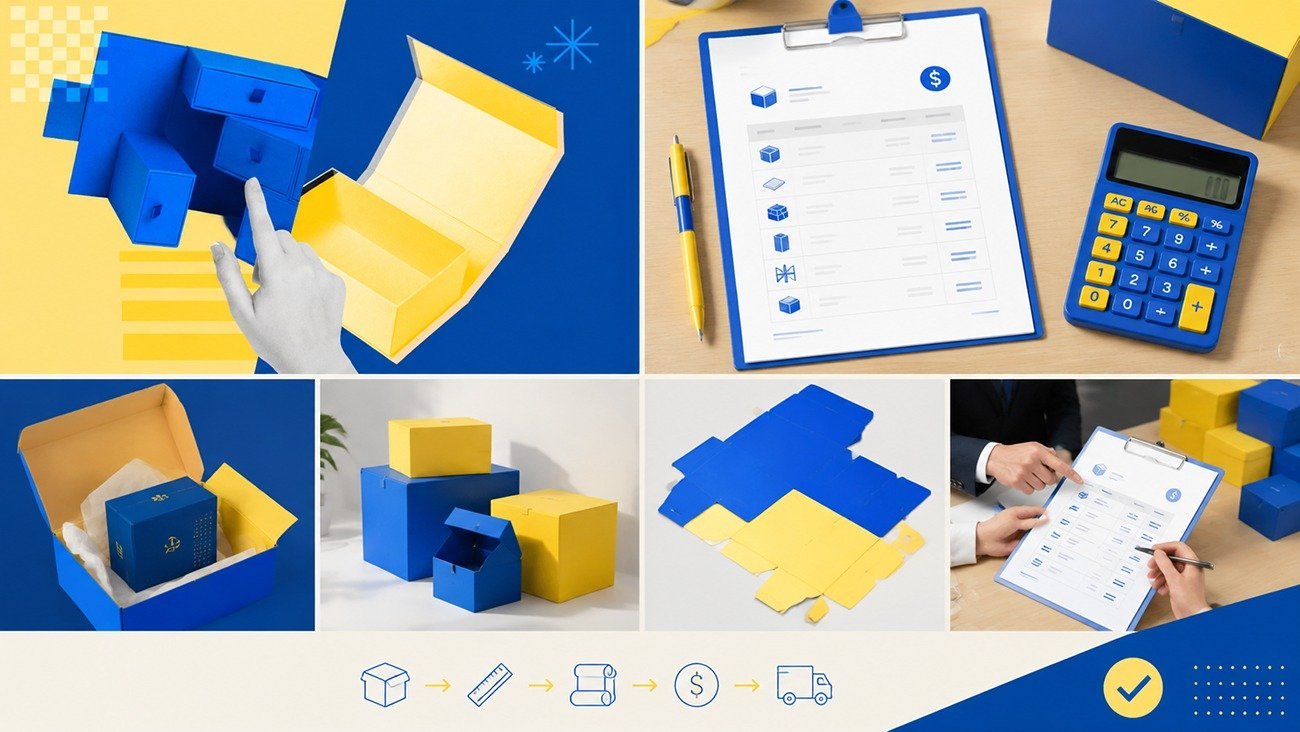 Compare packaging quotations beyond unit price, custom yellow and blue paper packaging boxes, quotation checklist and calculator for packaging cost evaluation from Crown Win Box Manufacturer