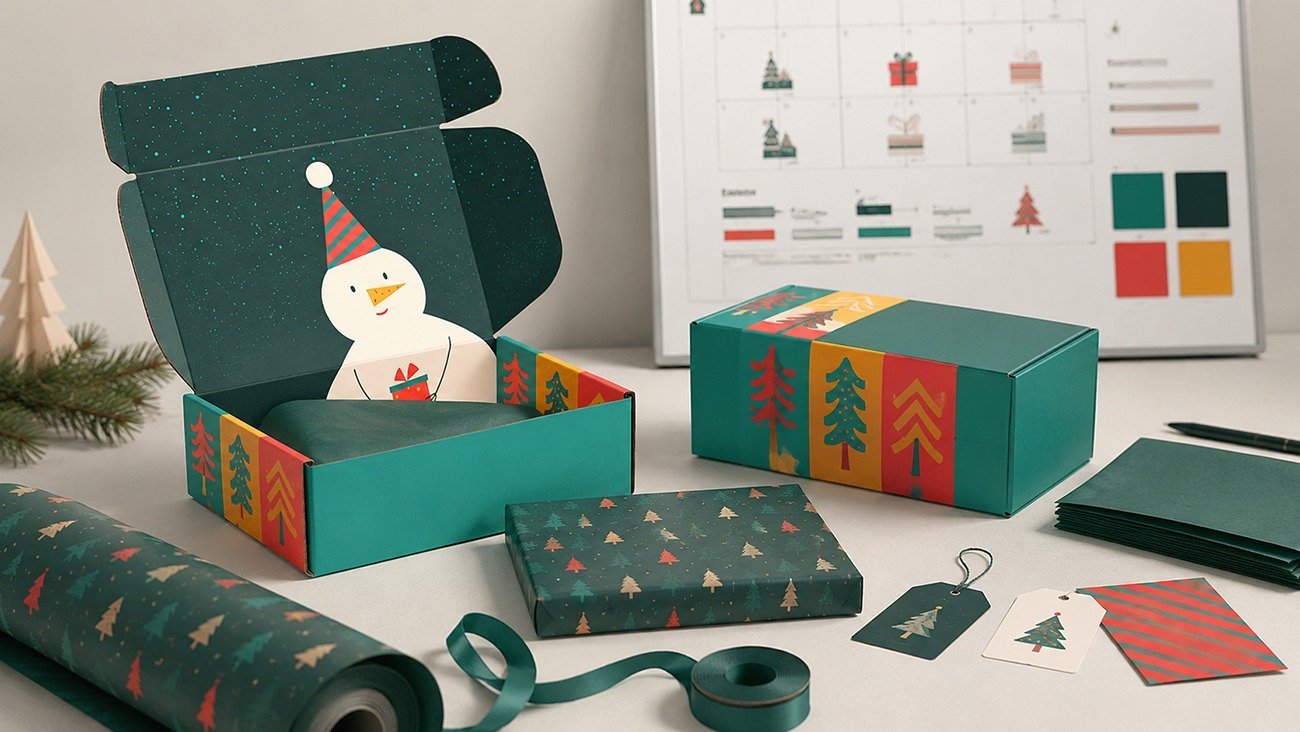 Green custom Christmas paper mailer box with printed Christmas tree graphics, holiday packaging timeline calendar, custom seasonal packaging solutions by China packaging factory Crown Win Box Manufacturer
