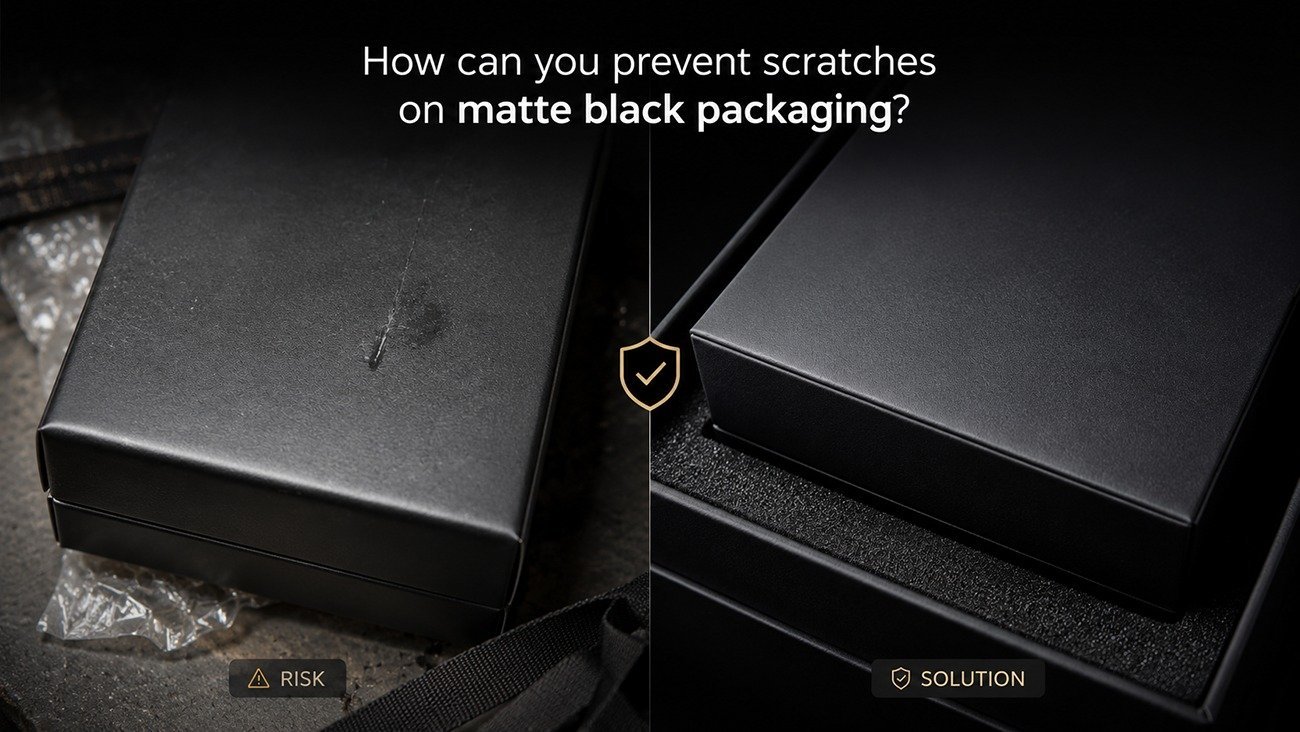 Risk of scratches on ordinary matte black gift boxes vs scratch-resistant matte black packaging with foam insert protection, luxury paper box solutions from Crown Win Box Manufacturer