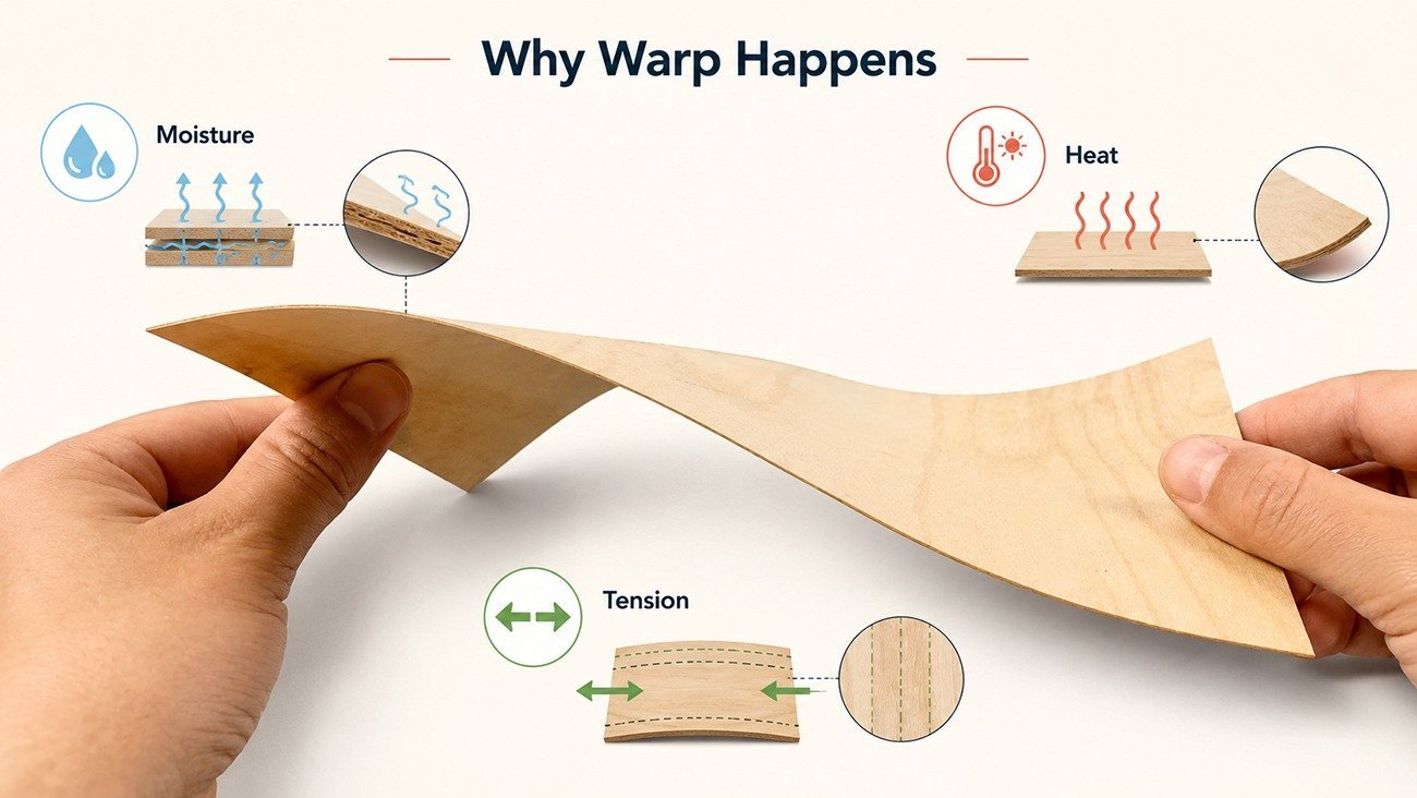 Infographic explaining why paper packaging warps caused by moisture, heat and internal tension for custom rigid box manufacturing