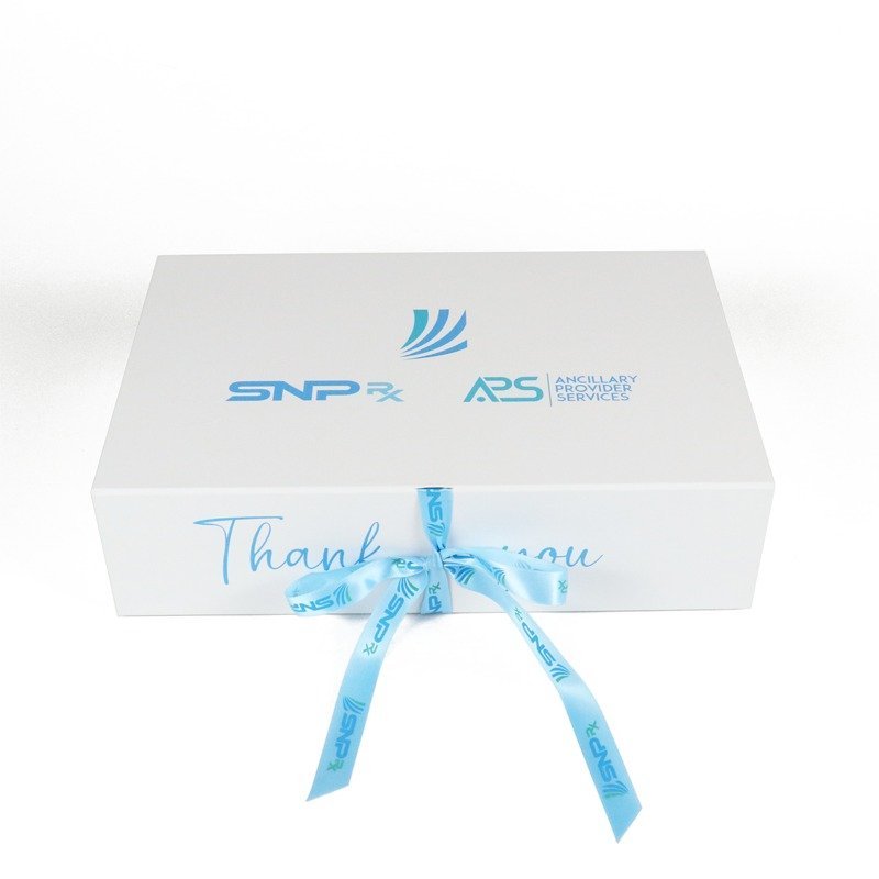Custom White Collapsible Gift Shipping Box | Branded Folding Rigid Shipping Box with Printed Satin Ribbon
