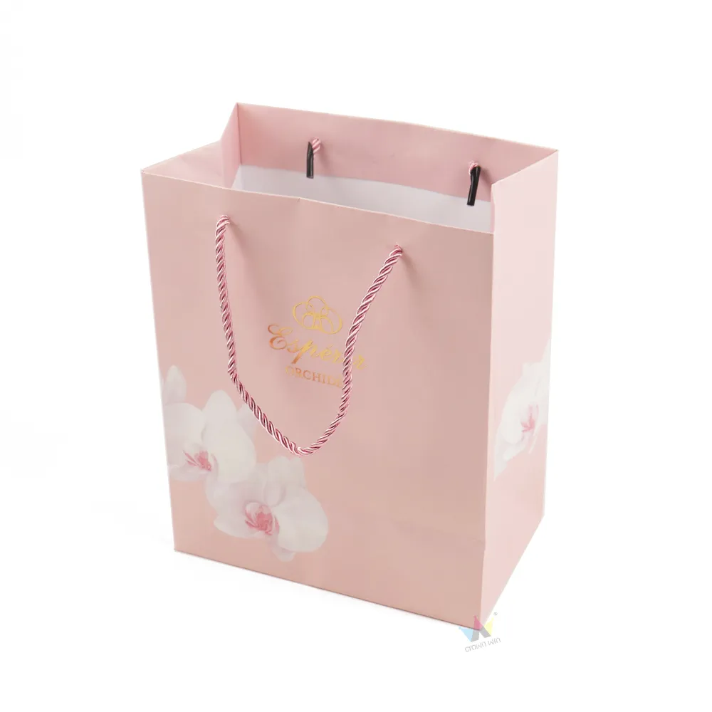 Custom Printed Paper Bag, Luxury Pink Floral Paper Shopping Bag, Custom Logo Cosmetic Gift Paper Bag For Brand Packaging
