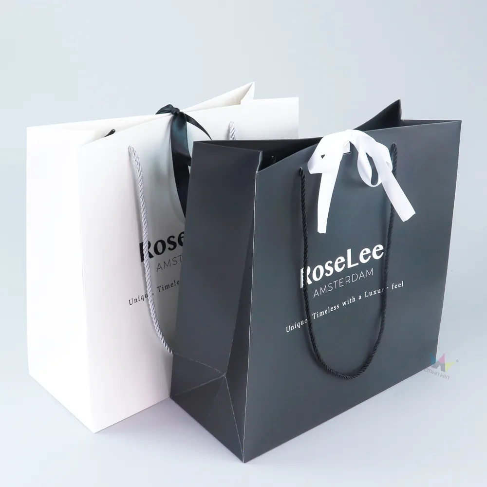 Luxury Custom Logo Paper Bag, Matte Black White Custom Printed Paper Gift Bag, Ribbon Twisted Handle Premium Paper Shopping Bag For Boutique Retail
