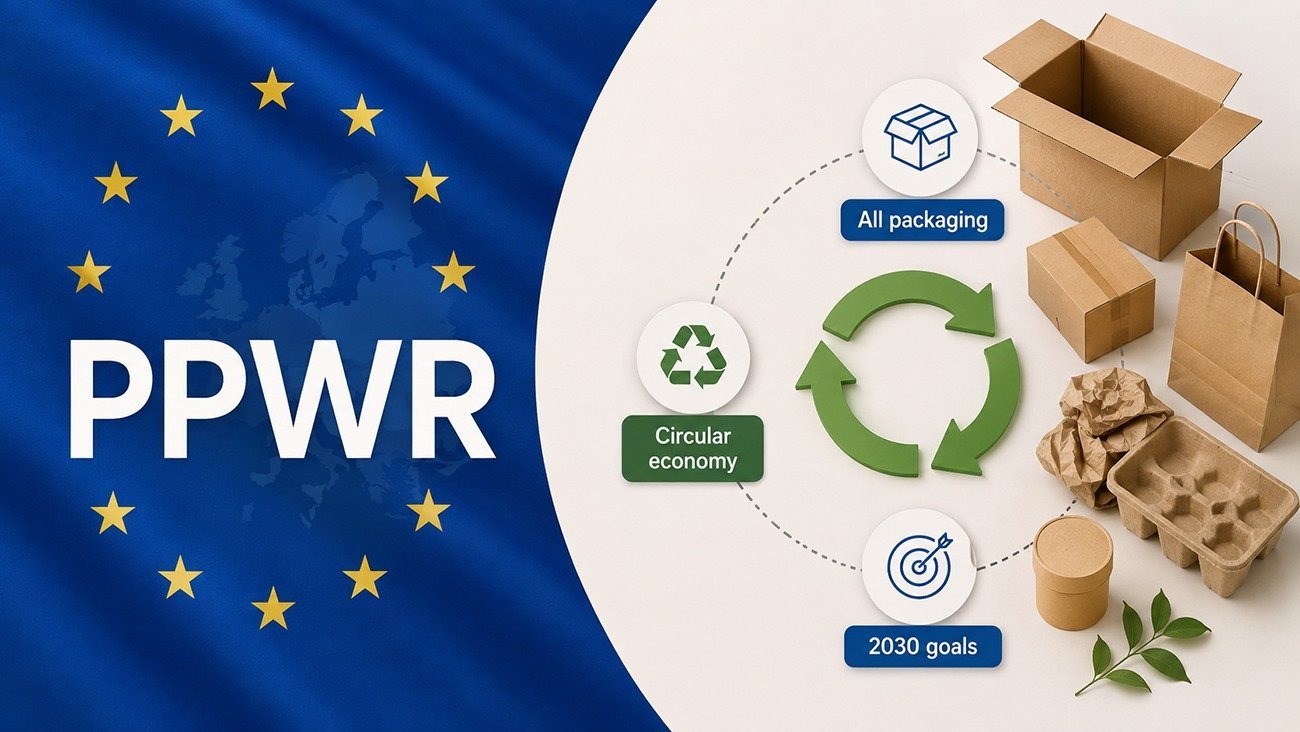 Understanding PPWR EU packaging regulation banner, sustainable kraft paper packaging with EU flag background, reuse recycle reduce concept for export brands