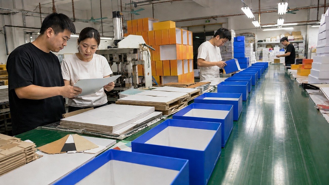 Crown Win Packaging factory staff checking paper box materials for PPWR regulation compliance on production workshop assembly line