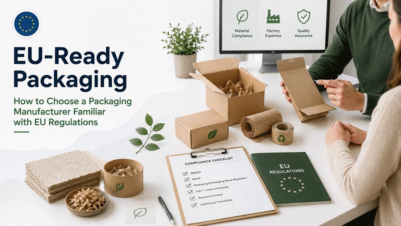 EU‑ready packaging workspace with compliance checklist for selecting a packaging manufacturer familiar with EU regulations and PPWR