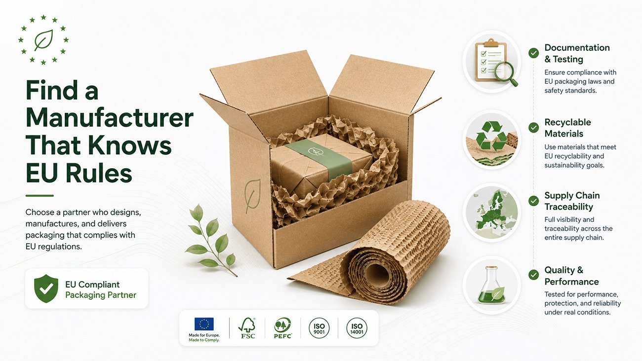 Key criteria for finding a packaging manufacturer that knows EU rules, recyclable paper packaging with FSC PEFC ISO certifications for EU export