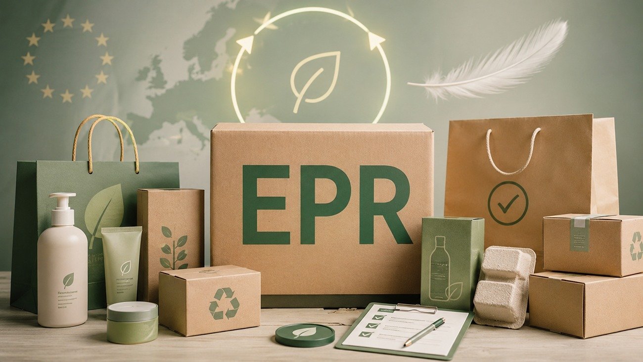 Collection of EPR‑ready cosmetic paper packaging with compliance checklist, EU background for PPWR and EPR rules