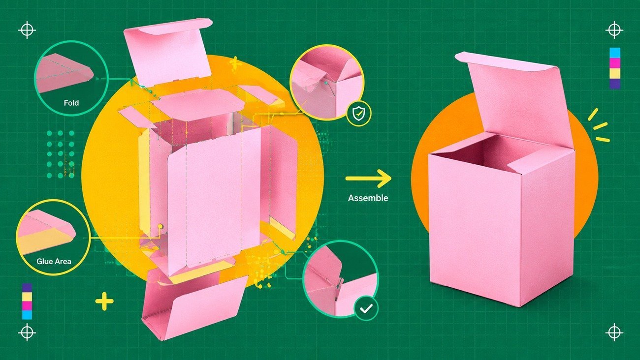 Exploded custom paper box structure showing fold, glue area and assembly check during packaging rendering engineering review
