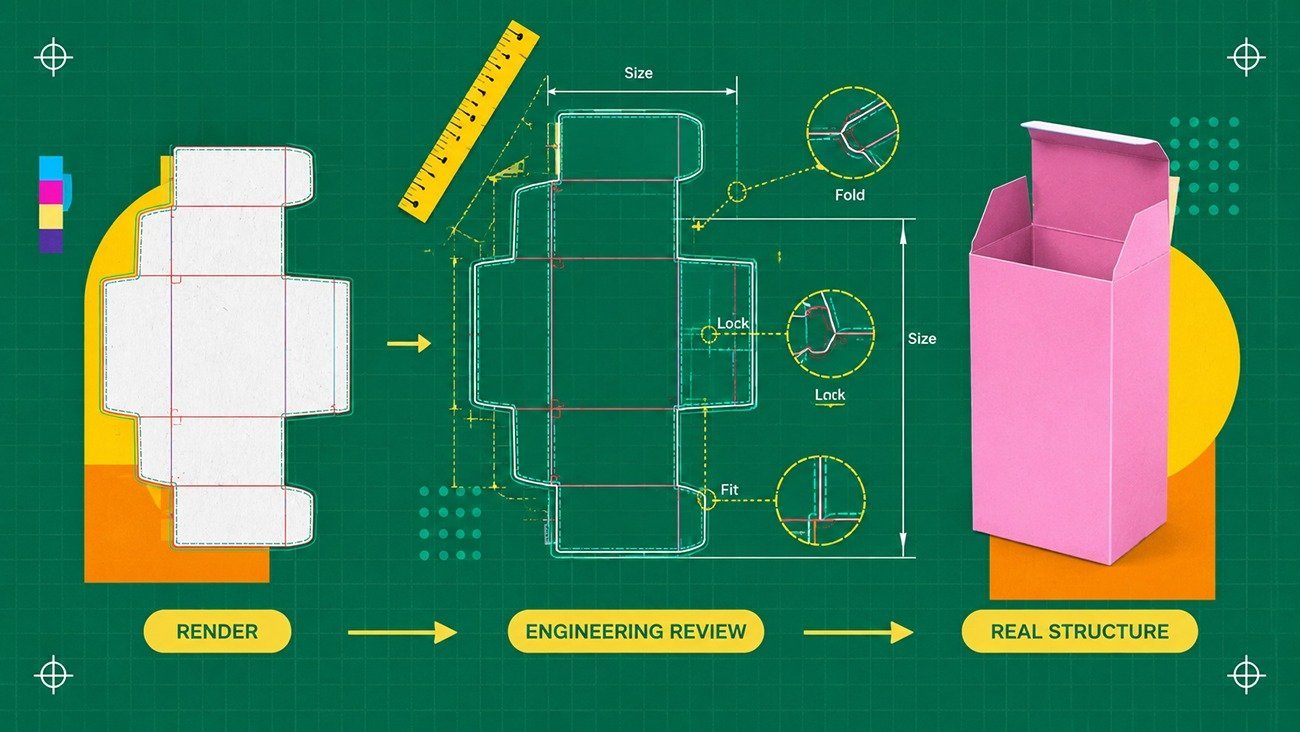 Engineering review workflow from packaging render to dieline, structure check and real paper box prototype