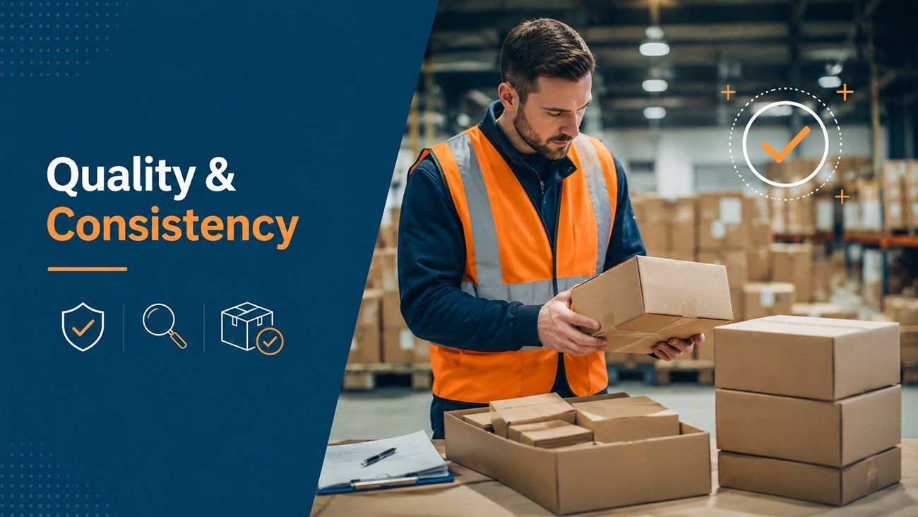 Warehouse inspector checking custom paper packaging boxes for quality and consistency when switching packaging suppliers