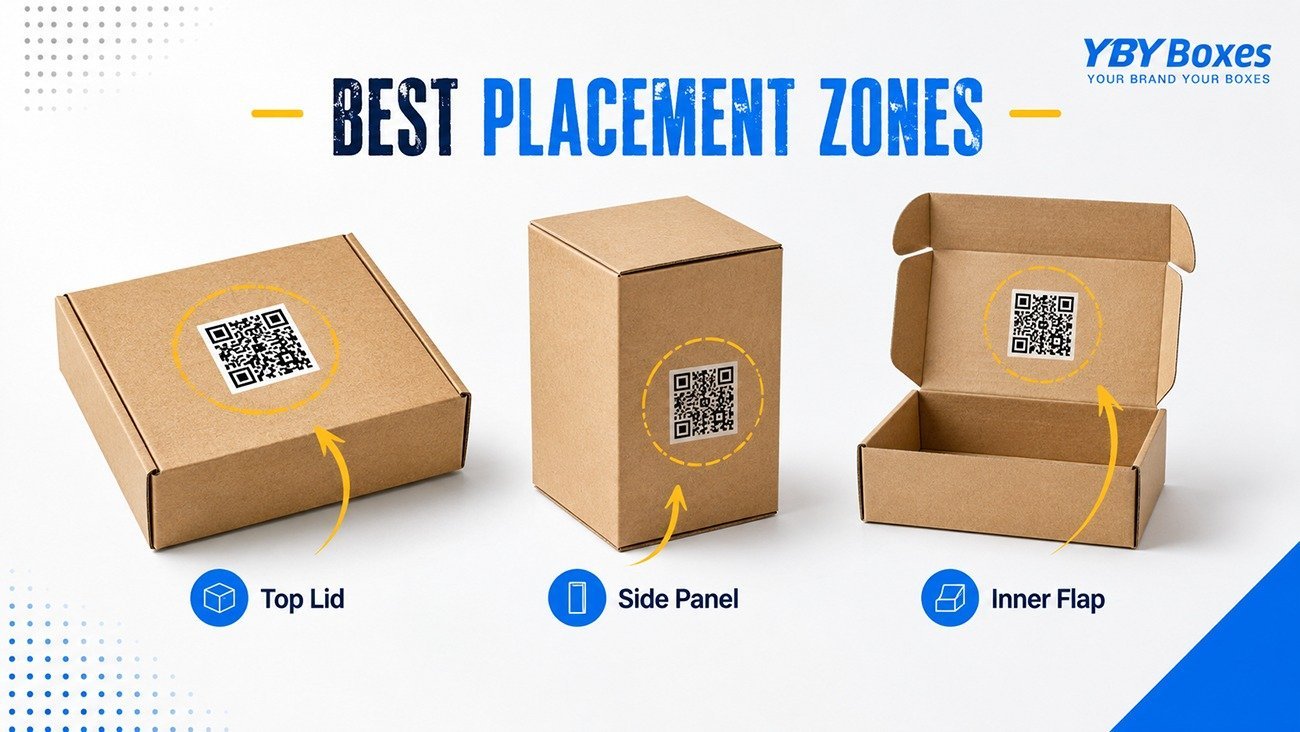 Best QR code placement zones for custom paper boxes showing top lid, side panel and inner flap positions