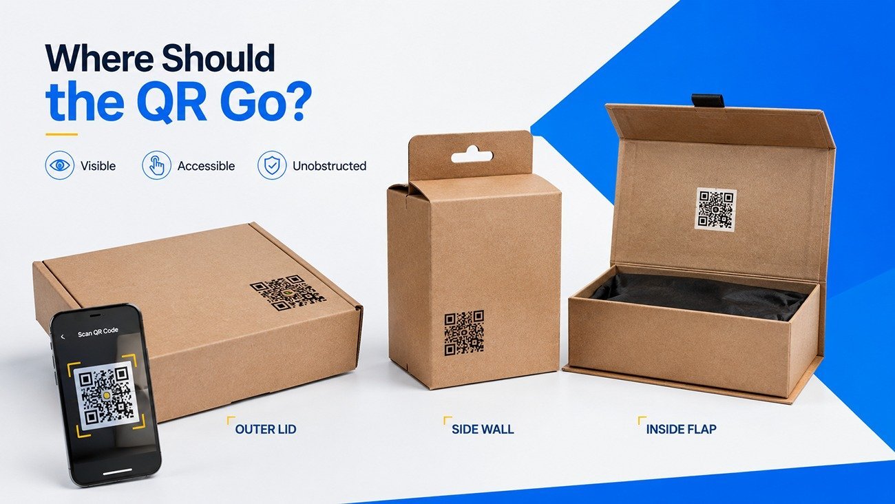 Where should the QR code go on custom paper boxes, outer lid, side wall and inside flap reference diagram