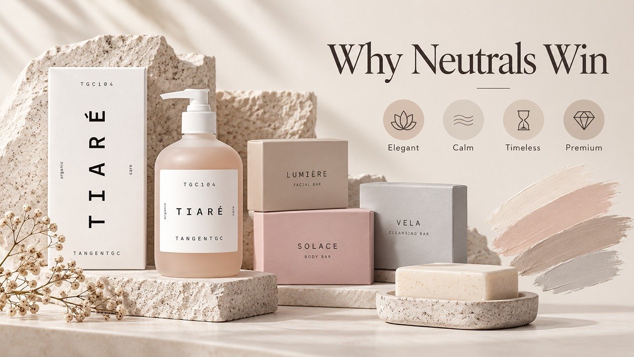 Soft tone cosmetic packaging in muted beige, greige and pale pink for premium beauty brand positioning