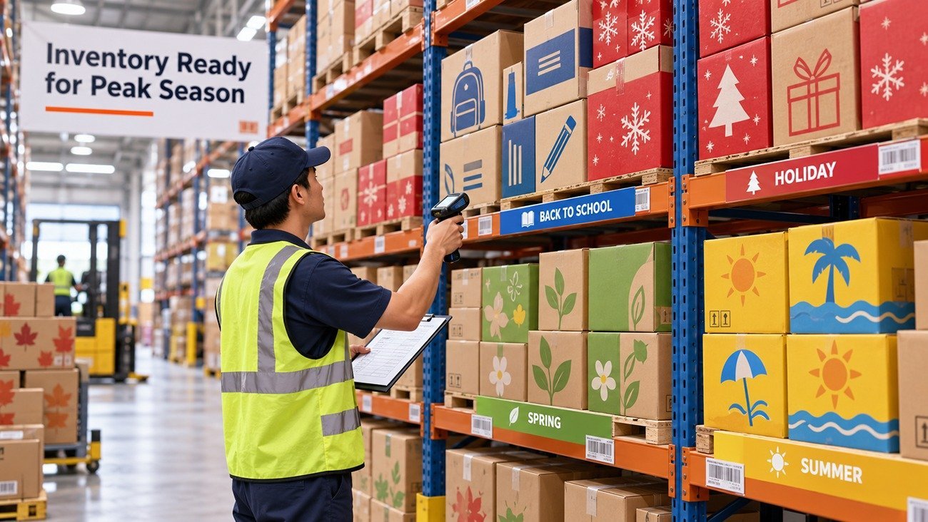 Peak season inventory management, warehoused seasonal custom paper gift boxes with QR barcode scanning for accurate stock control
