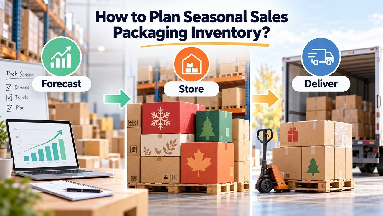 Seasonal sales packaging inventory planning workflow, forecast, store and deliver custom paper gift boxes for holiday campaigns