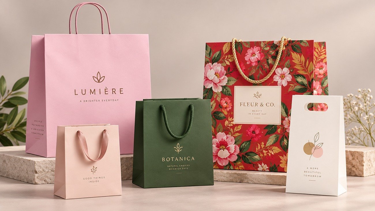 Premium retail custom printed paper bags with branded logo, diverse styles for beauty and gift shop wholesale packaging export