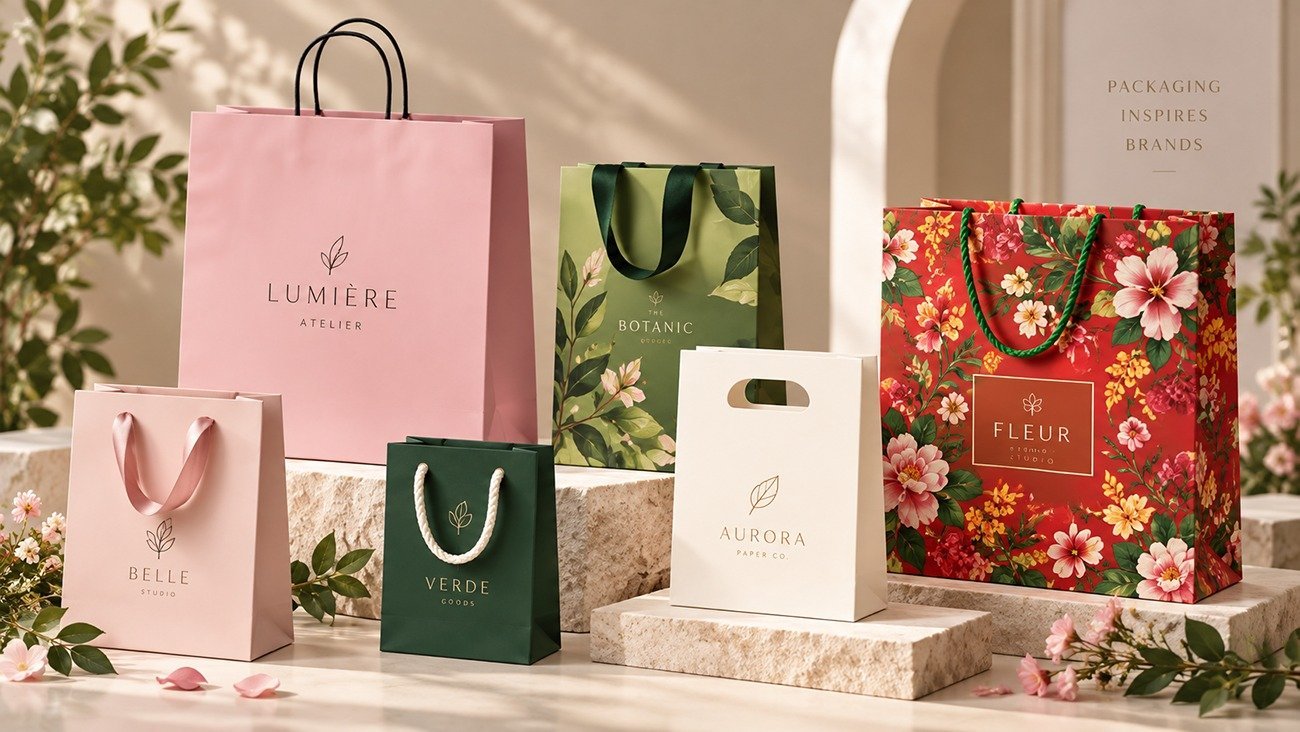 Bulk custom printed branded paper shopping bags for retail stores, eco-friendly kraft and art paper bags with multiple handle choices