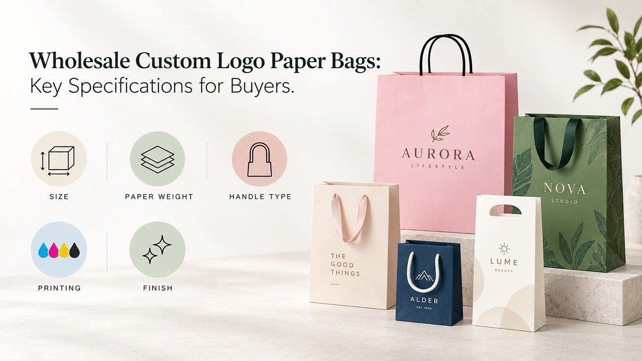 Wholesale custom logo paper bags for retail buyers, showing key specifications including size, paper weight, handle type, printing and surface finish