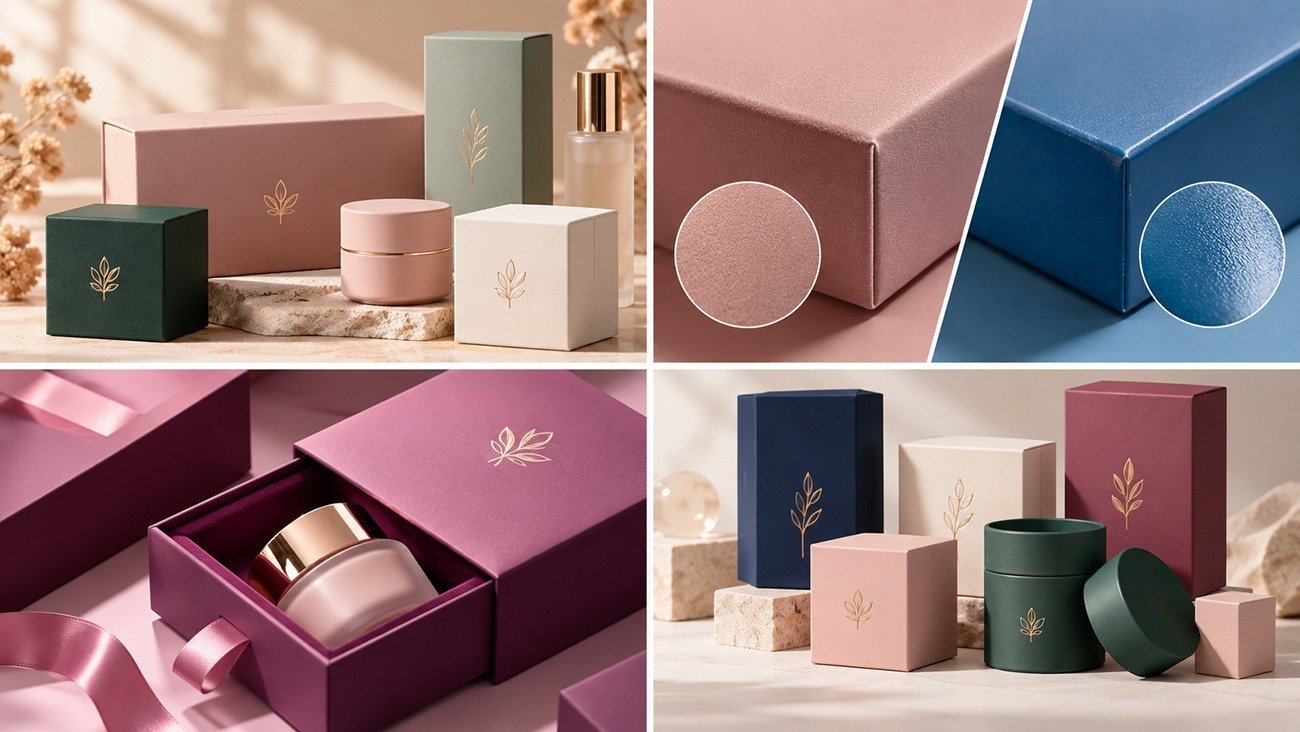 Custom soft-touch packaging for premium beauty brands, velvet matte paper boxes for luxury skincare unboxing